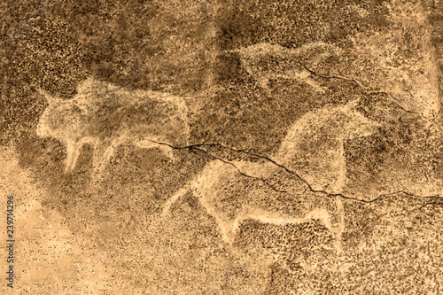 image of ancient animals on the cave wall. history of antiquities, archeology.