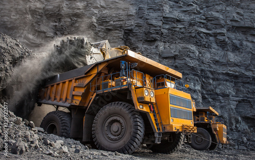 mining truck in a coal mine loading coal