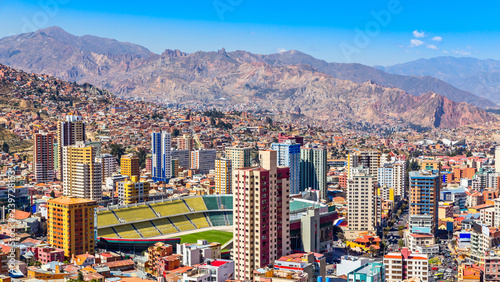 Nuestra Senora de La Paz colorful city town center with skyscrap