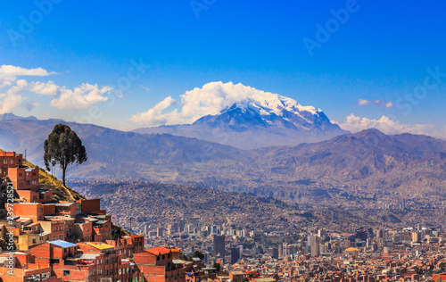 view to the snow cap of Illimani peak and valley full of living