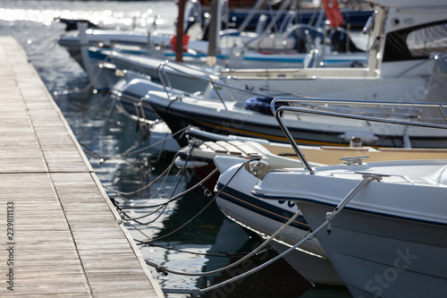 Modern yachts moored close up outdoor view