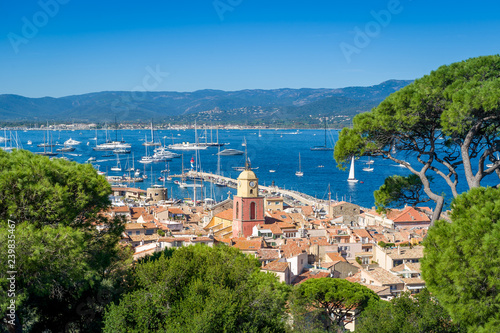 Saint-Tropez old town and yacht marina view from fortress on the hill.