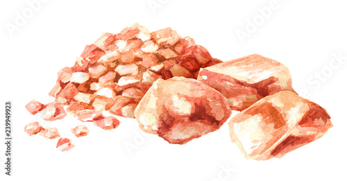 Himalayan pink salt set. Watercolor hand drawn illustration, isolated on white background