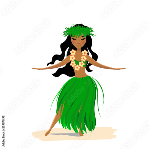 Cute hawaiian girl dancing hula in traditional costume.