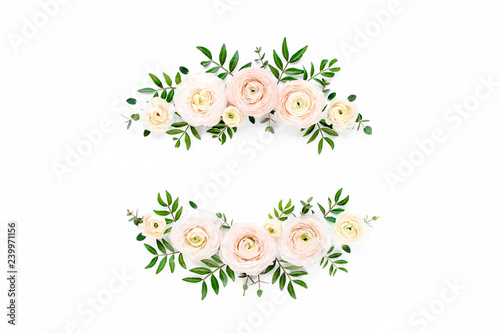 Floral frame wreath of pink ranunculus flower buds and eucalyptus on white background. Flat lay, top view mockup. Frame of flowers.
