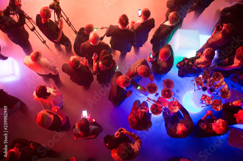 Party and corporate concept. People at the tables, top view.