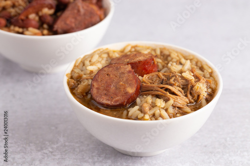 Bowl of Chicken and Sausage Gumbo with Red Beans and Rice with Sausage on the Side