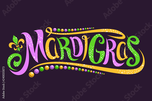 Vector lettering for Mardi Gras carnival, filigree calligraphic font with traditional symbol of mardi gras - fleur de lis, elegant fancy logo with greeting slogan, twirls and dots on dark background.