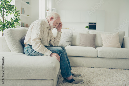 Close up side profile photo of grey haired he his him grandparen