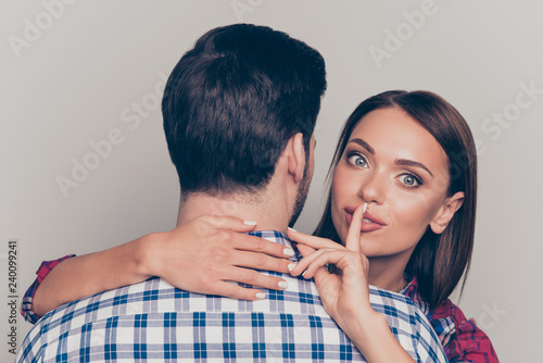 Close-up portrait of two attractive beautiful dreamy people husb