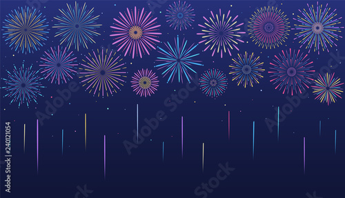 Festive multicolored fireworks in various forms. Bursting pyrotechnic firecracker with stars and sparks.