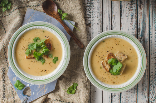 Creamy mushroom soup with fresh herbs garlic croutons