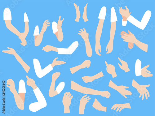 Set of human hands with different gestures collection for design, animation,Palm and finger draw icons, skin, white Long sleeved shirt, arm on blue background, flat style cartoon vector illustration.