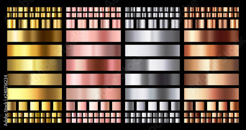 Elegant metallic gradient. Shiny rose gold, silver and bronze medals gradients. Golden, pink copper and chrome metal vector collection