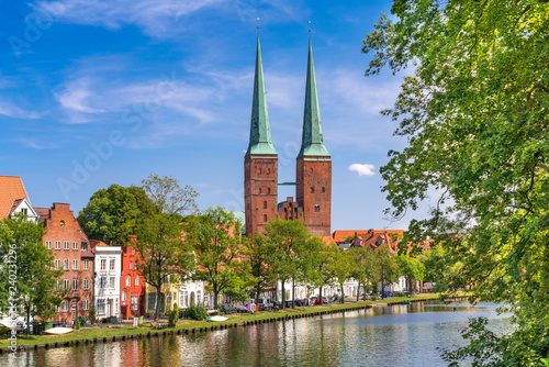 A view of the old town of Luebeck (German: Lübeck), Germany, with the Luebeck Cathedral (German: Dom zu Lübeck, or Lübecker Dom) across the river Trave.
