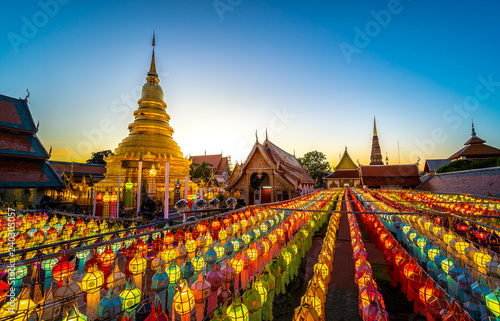 Wat Phra That Hariphunchai pagoda with light Festival at Lamphun, Thai temple of buddhism in Thailand.