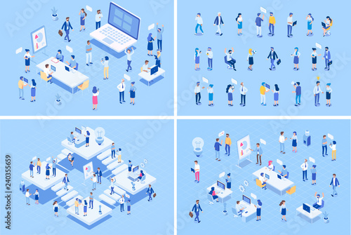 Teamwork, cooperation. Office people.Isometric people vector set. Isometric office workspace with people working together. Coworking. Flat vector illustration. 