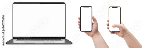 Laptop and smartphones with blank screen. 