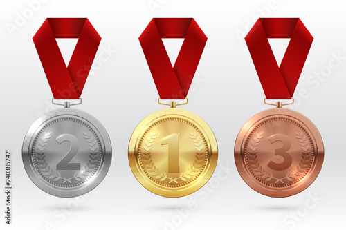Sports medals. Golden silver bronze medal with red ribbon. Champion winner awards of honor vector isolated template. Illustration of championship trophy, champion medal of set