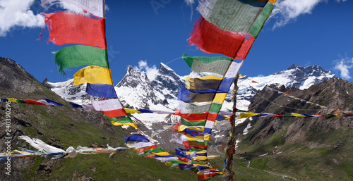 Mt.Nun-Kun landscape view with buddhist prayer flags ,Zanskar,Jammu-Kashmir,India