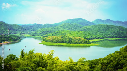 Mountain lake - Landscape of river green mountain with bamboo houseboat raft floating looking from viewpoint