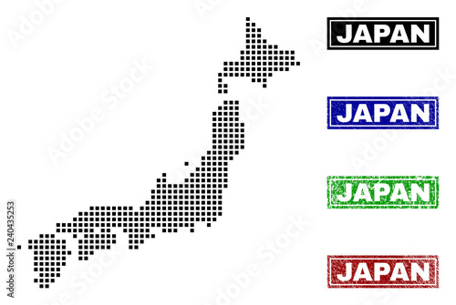 Dot vector abstracted Japan map and isolated clean black, grunge red, blue, green stamp seals. Japan map label inside rough framed rectangles and with grunge rubber texture.