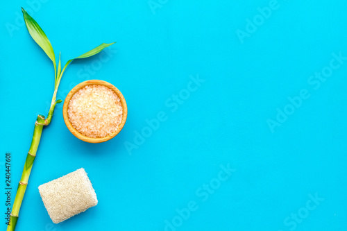 Asian spa background. Spa treatment concept. Bamboo branch, spa cosmetics on blue background top view copy space