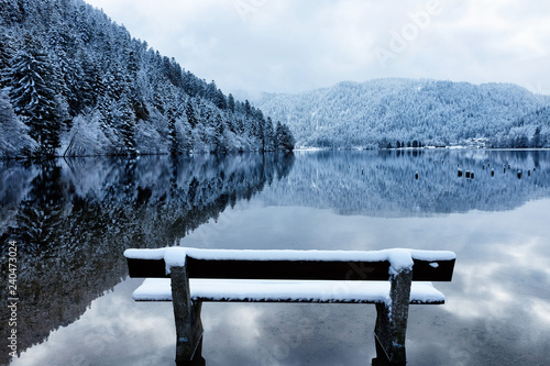 Bench by the Longemer Lake in the Vosges mountains, Xonrupt-Longemer, Lorraine, France. Winter landscape with white snowy trees reflected in water. 