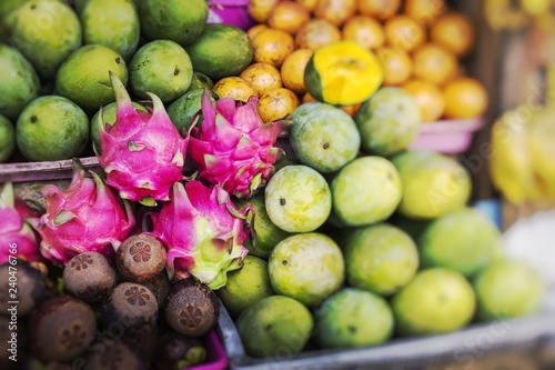 Open air fruit market in the village in Bali. Selective Focus.