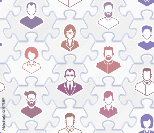 Social Network - Seamless Vector Pattern. Pictograms of people connected together by pieces of hexagonal jigsaw puzzle.