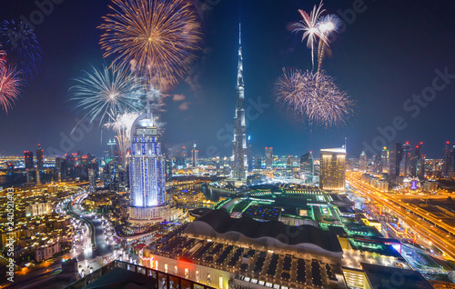 Fireworks display at town square of Dubai downtown