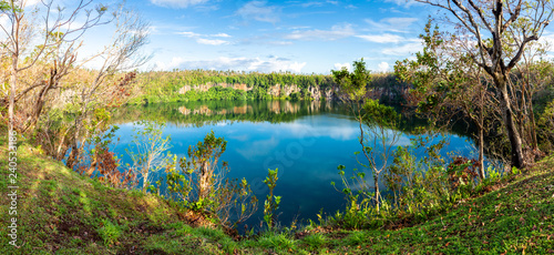 Spectacular volcanic crater lake Lalolalo in the island of Uvea (Wallis), Wallis and Futuna (Wallis-et-Futuna), Polynesia, Oceania, South Pacific Ocean. French overseas island collectivity.