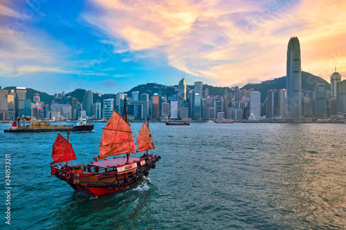 Junk boat in Hong Kong Victoria Harbour