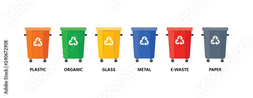 Empty trash bins of different colors for various types of garbage in flat style - isolated vector illustration of recycle and environmental protection concept with containers for sorted waste.