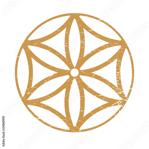 Six petal rosette also known as Sun of the Alps or sacred geometry seed of life symbol. Ancient Sun of the Alps distressed sign isolated.