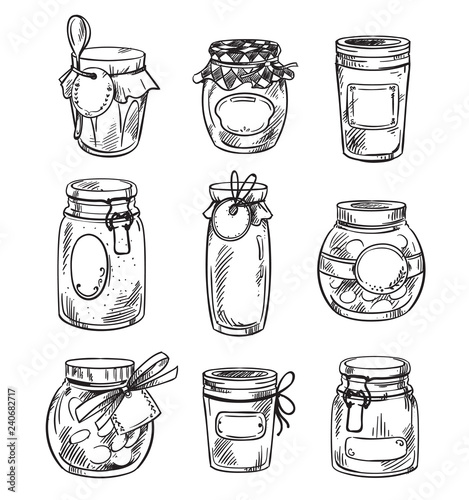 Set od hand drawn mason jars with jam, vector illustration