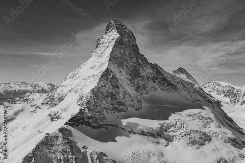 Aerial view of majestic Matterhorn mountain in black and white