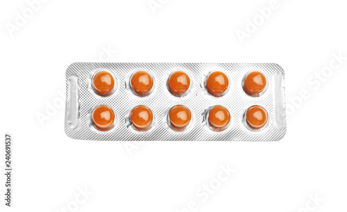 Pills in blister pack on white background