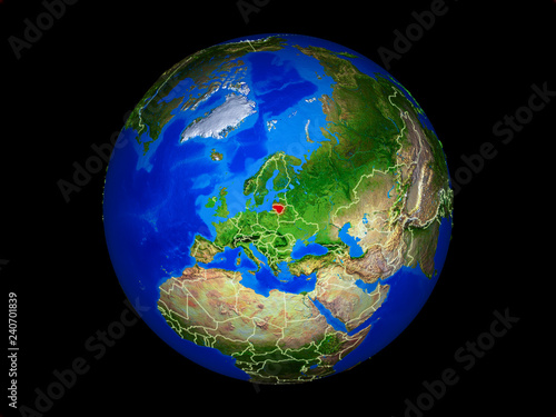 Lithuania on planet planet Earth with country borders. Extremely detailed planet surface.