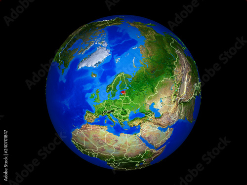 Estonia on planet planet Earth with country borders. Extremely detailed planet surface.