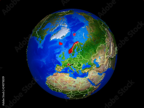 EFTA countries on planet planet Earth with country borders. Extremely detailed planet surface.
