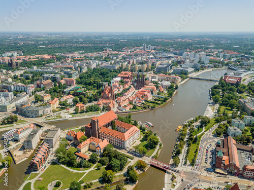 Aerial view of historic Ostrow Tumski, Wroclaw, Poland