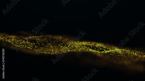 Wave Glow. Wave of particles. Wave 3d. 3d rendering. Futuristic green dots background with a dynamic wave. Abstract Big Data Visualization.