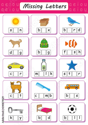 Write missing letter, Write the missing vowel, Worksheet for kids, Fill in the Short Vowel