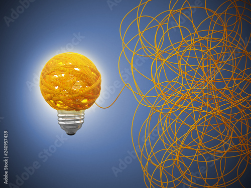 Tangled rope forming a lightbulb on blue background. 3D illustration