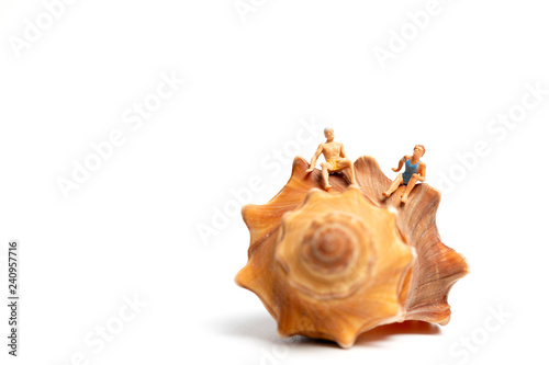 Miniature people wearing swimsuit relaxing on seashells on white background , Valentine's Day concept