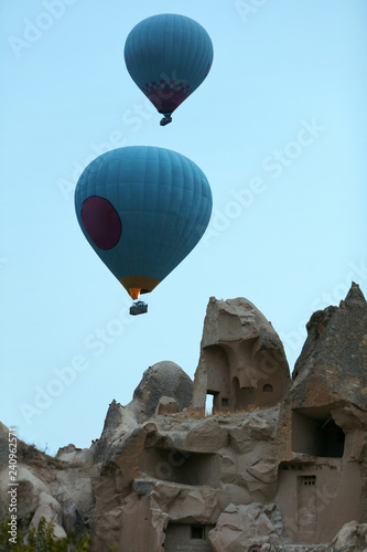 Ballooning. Hot Air Balloons Flying Above Caves In Cappadocia