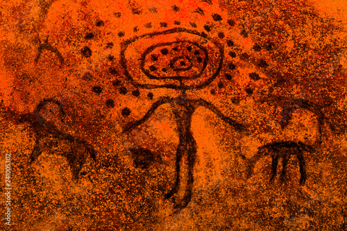 the image of an ancient man on the wall of the cave, made by ancient people. history of antiquities, archeology.