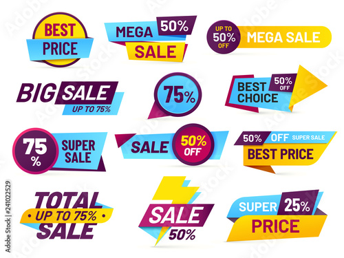 Sale tags. Retail sales stickers, promotion price label and store pricing banner sticker isolated vector set