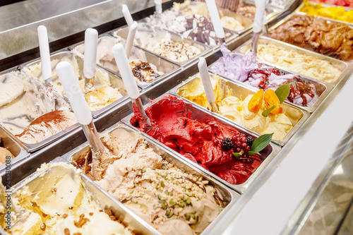 various flavors of gelato ice-cream at the showcase in dessert shop
